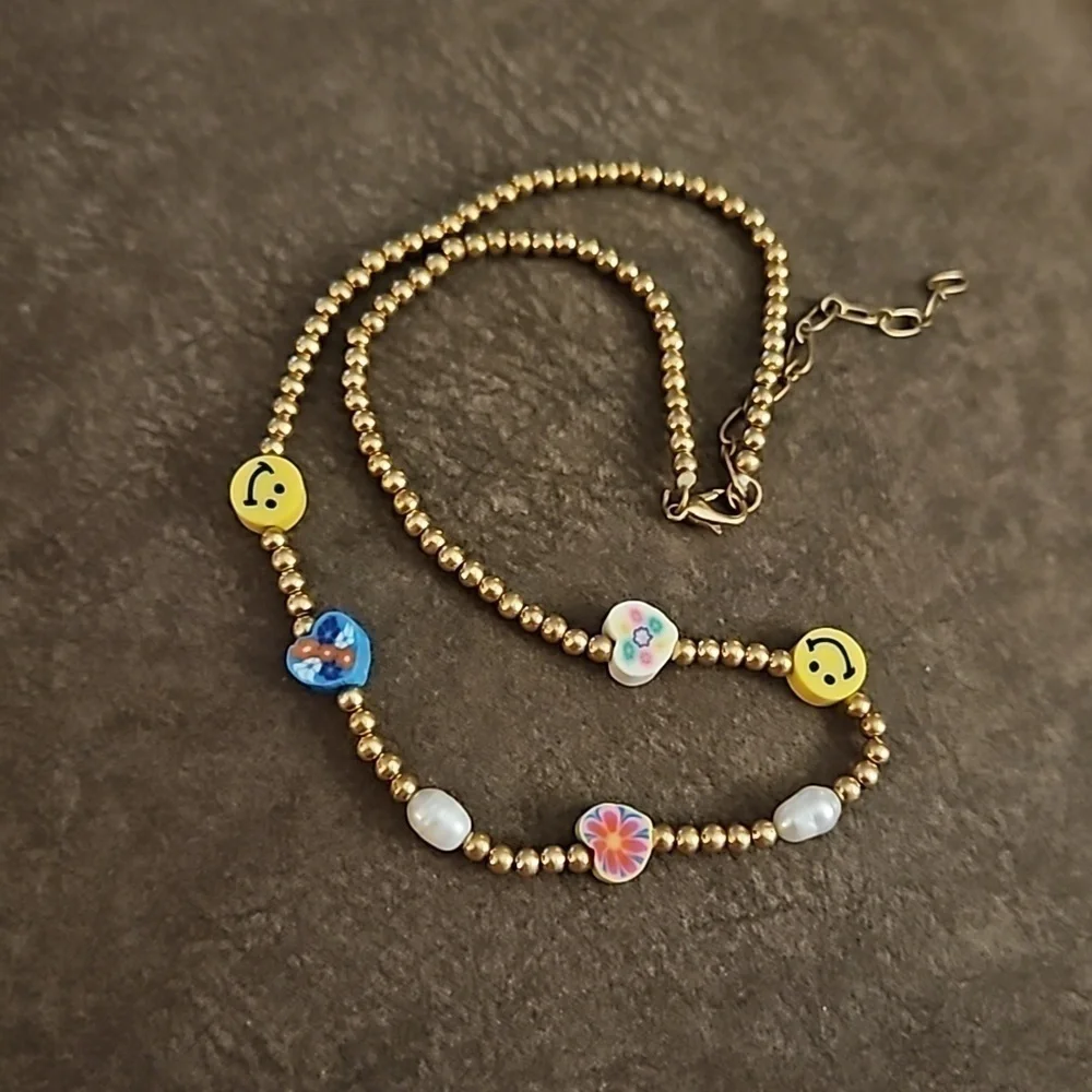3/$25 Girls Smiley Face Hearts Gold Beaded Necklace